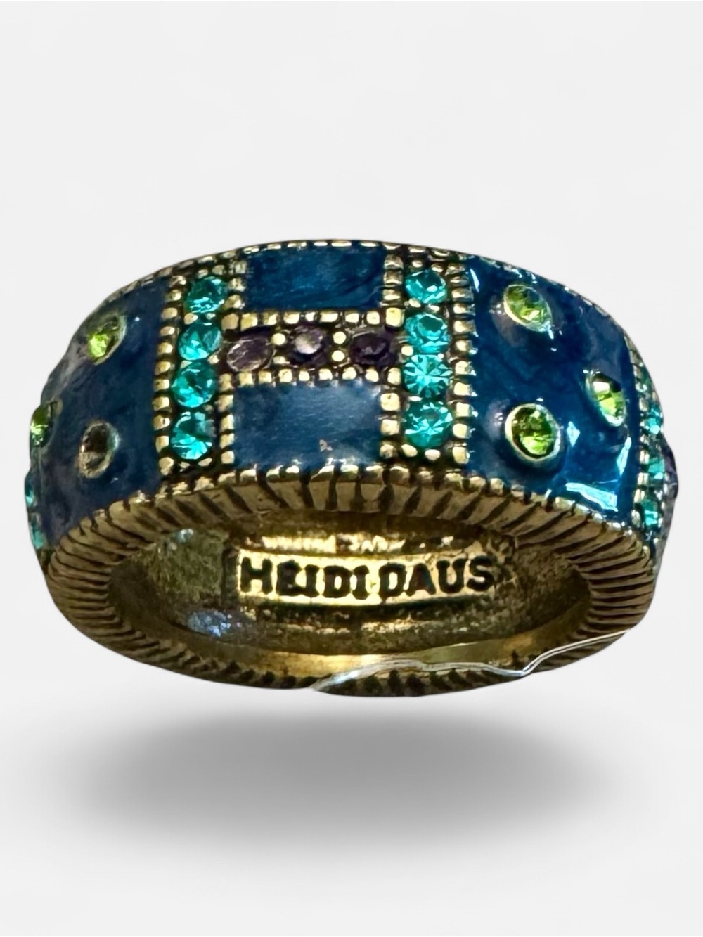 Signed Heidi Daus Bronze Multi Colored Crystals Band Ring Sz 7.25 w Two Bands